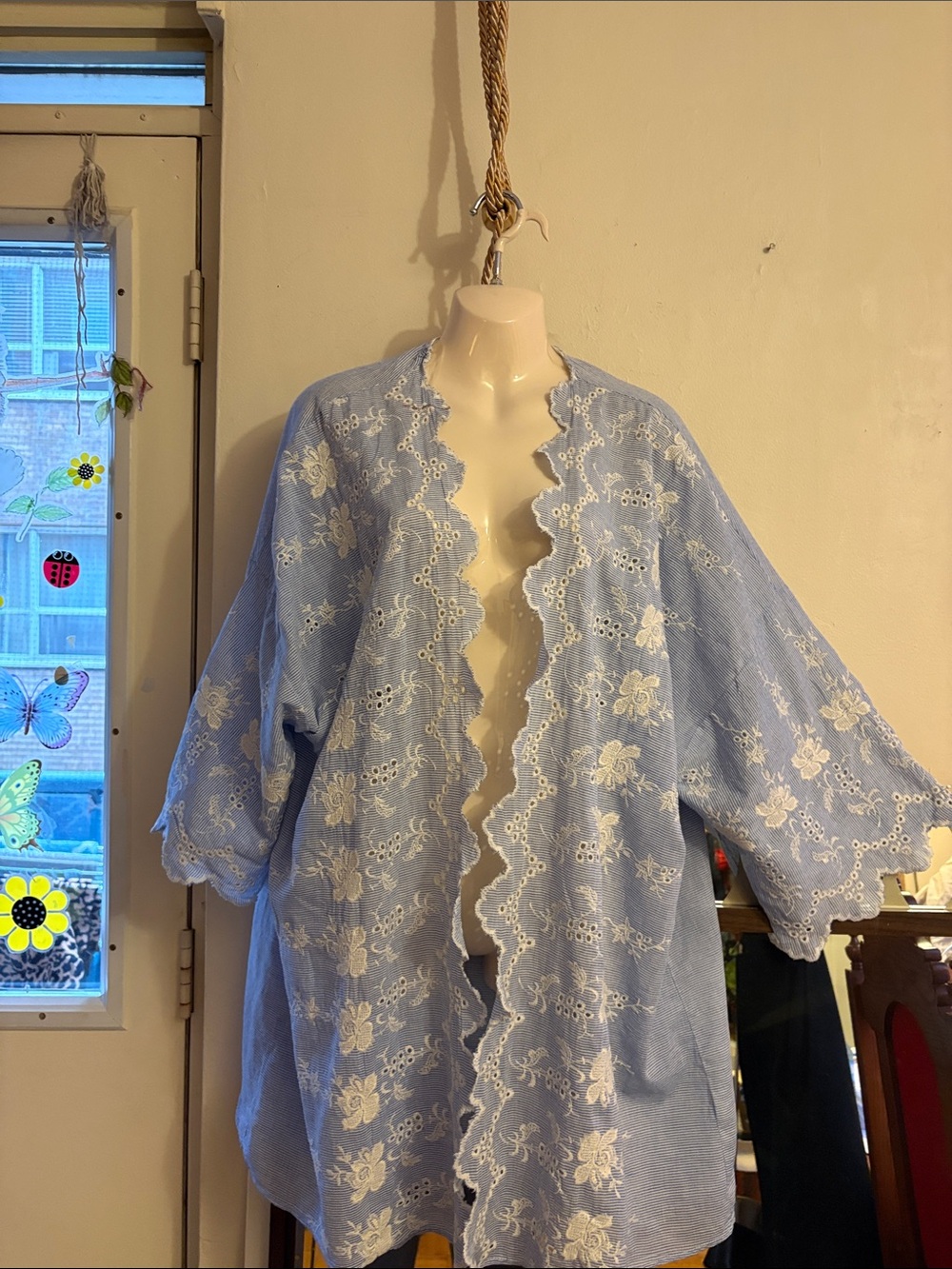 Light Blue Embroidered Kimono Robe with Scalloped Edge. Cotton